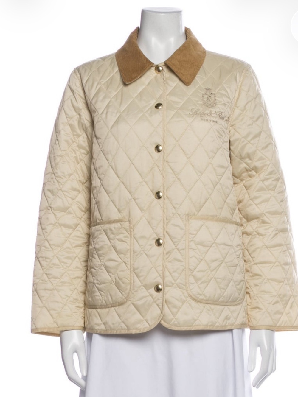 Sporty & Rich quilted jacket Quilted Cream Jacket with Tan Corduroy Collar